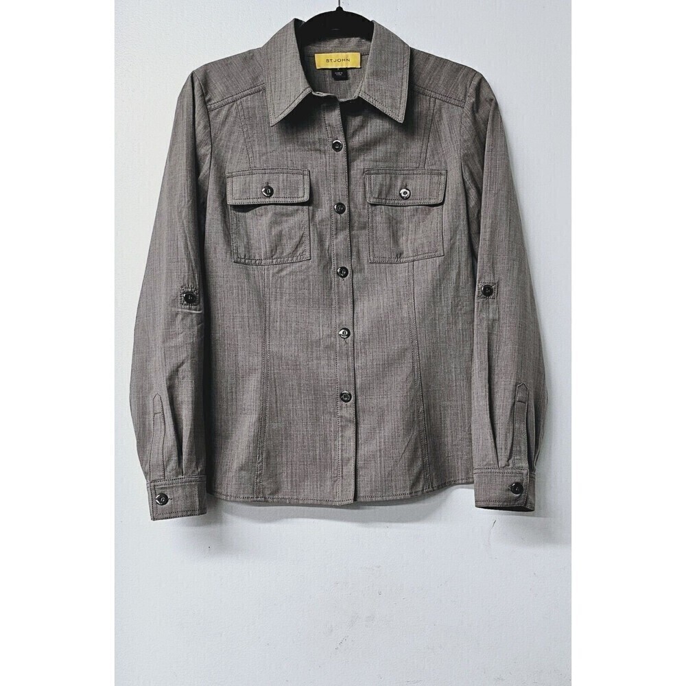 ST. JOHN Tan Wool Stretch Long Sleeve Button-Up Women Shirt (6)